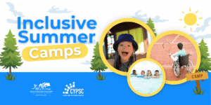 Promotional banner for "Inclusive Summer Camps" featuring logos for Wicklow Sports & Recreation Partnership and CYPSC. The graphic shows a bright summer sky, pine trees, and three circular photos featuring diverse children: a smiling girl in a blue sunhat, a group of kids swimming in a pool, and a youth in a wheelchair playing tennis on a clay court.