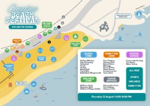 Greystones Beach Festival site map showing the Sports Zone, Wellness Zone, Family Fun Zone, Wellness Village stalls, visitor services, marina sailing point and key activity locations across South Beach and the promenade.