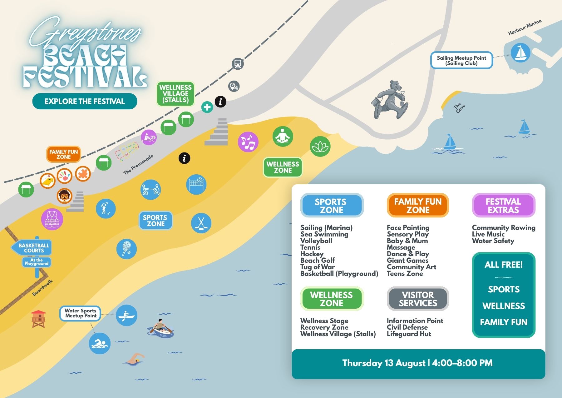 Greystones Beach Festival site map showing the Sports Zone, Wellness Zone, Family Fun Zone, Wellness Village stalls, visitor services, marina sailing point and key activity locations across South Beach and the promenade.