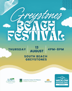 Promotional graphic for the Greystones Beach Festival happening on Thursday, 13 August, from 4 PM to 8 PM at South Beach, Greystones. The event is part of Wicklow Outdoors Week (10–16 August). The design features a vibrant teal, green, and sandy gold gradient background with beachy cloud illustrations. Logos at the bottom include Wicklow Sports & Recreation Partnership, Wicklow County Council, Greystones Wellness Hub, and Wicklow Outdoors Week.
