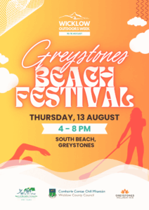 Promotional poster for the Greystones Beach Festival as part of Wicklow Outdoors Week, running from 10 to 16 August. The poster features a warm orange and yellow gradient background with white clouds, stylised waves, and red silhouettes of a sea swimmer and a stand-up paddleboarder. Text reads: "Greystones Beach Festival, Thursday, 13 August, 4 to 8 PM, South Beach, Greystones." Logos at the bottom show Wicklow Sports & Recreation Partnership, Wicklow County Council, and Greystones Wellness Hub.