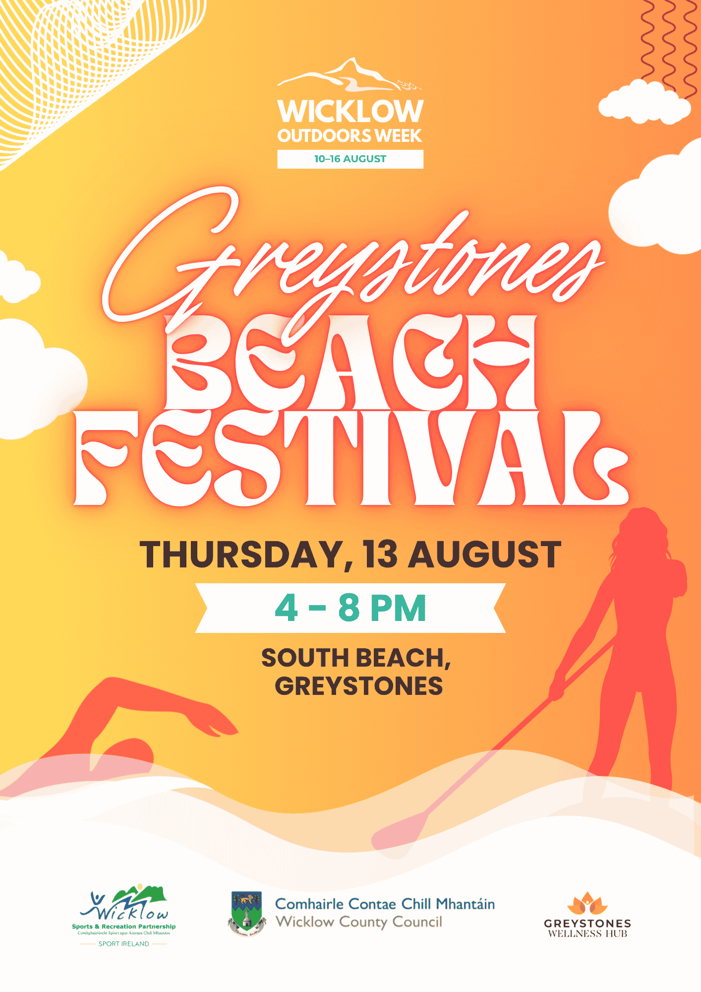 Promotional poster for the Greystones Beach Festival as part of Wicklow Outdoors Week, running from 10 to 16 August. The poster features a warm orange and yellow gradient background with white clouds, stylised waves, and red silhouettes of a sea swimmer and a stand-up paddleboarder. Text reads: "Greystones Beach Festival, Thursday, 13 August, 4 to 8 PM, South Beach, Greystones." Logos at the bottom show Wicklow Sports & Recreation Partnership, Wicklow County Council, and Greystones Wellness Hub.