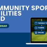 Community Sport Facilities Fund free webinar banner from Wicklow Sports & Recreation Partnership. Tuesday 10 November 2026 at 7pm, online. Includes a laptop displaying a sports pitch and rugby ball.